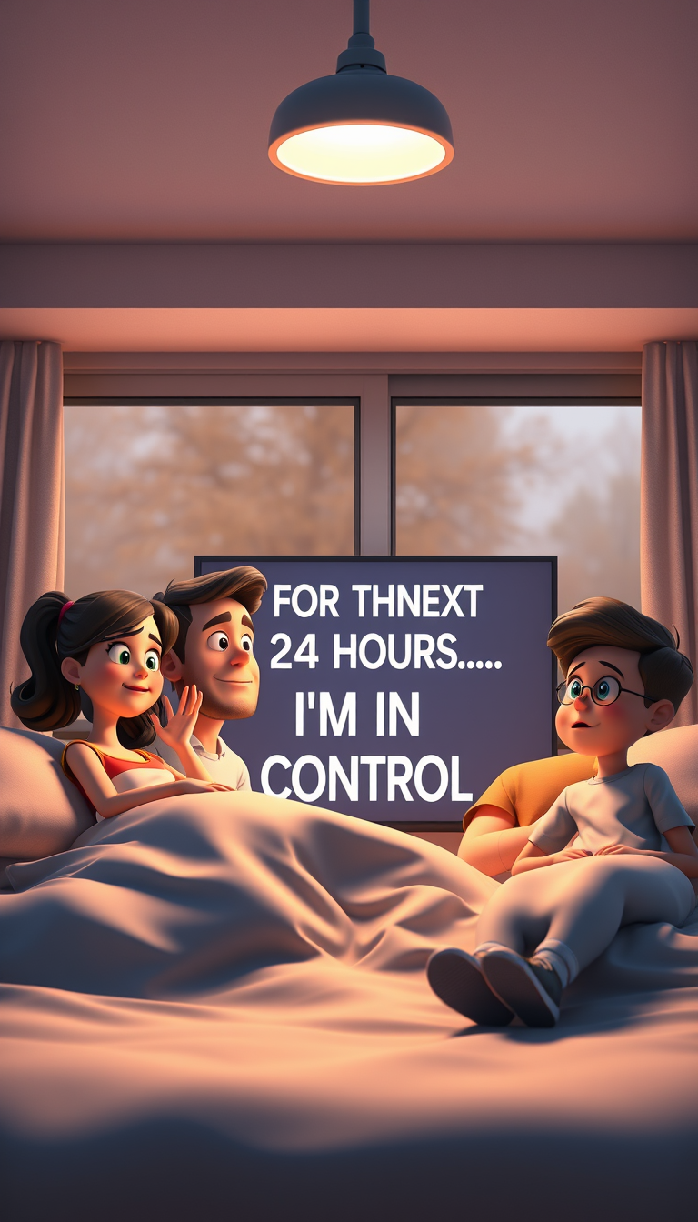 Main art studio: Prompt:A normal American family of four waking up in a cozy modern suburban home at 7 AM, mother, father, teenage daughter and young son looking shock