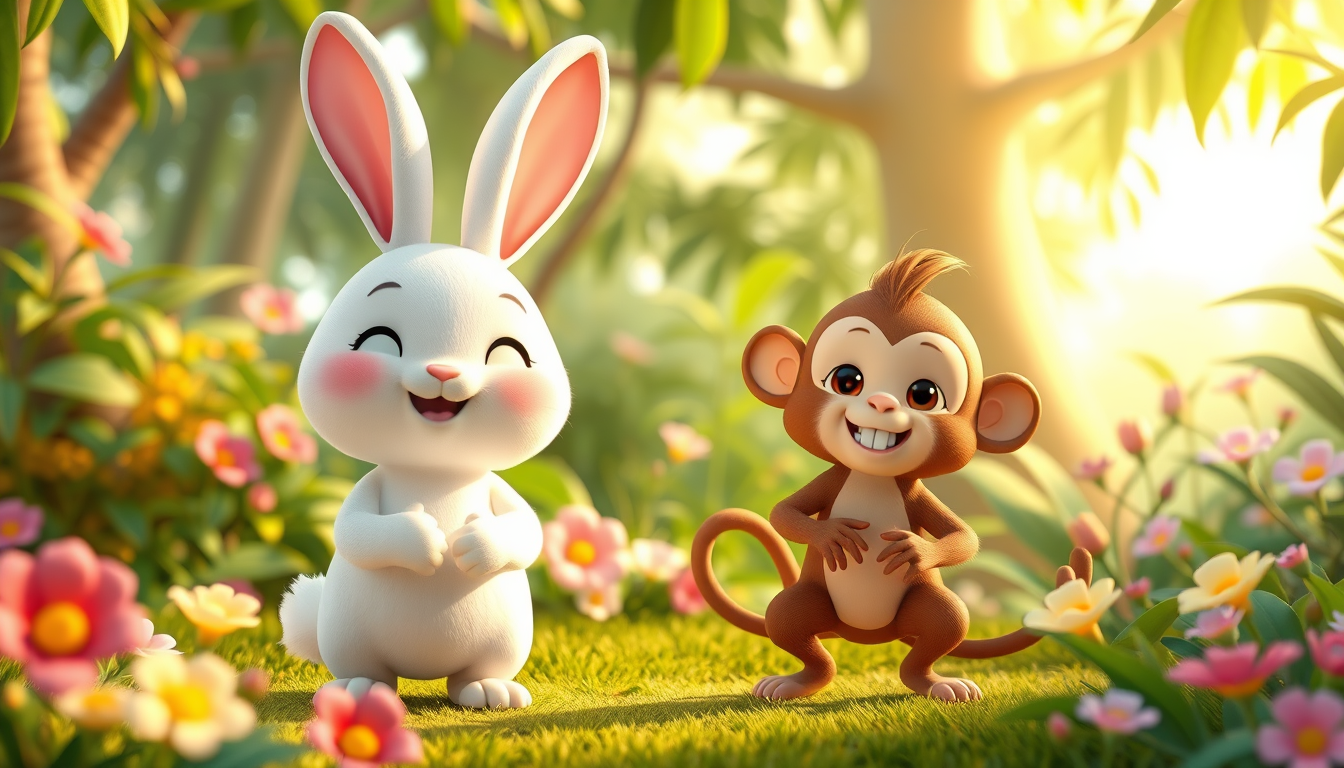 Main art studio: “Cute 3D animated cartoon style, a friendly white rabbit and a playful brown monkey standing together in a beautiful lush green jungle, colorful flowe