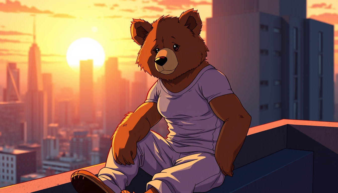 Main art studio: Furry kemono anime style illustration of a slender brown bear anthropomorphic character. The bear is wearing a tight athletic compression gym t-shirt 