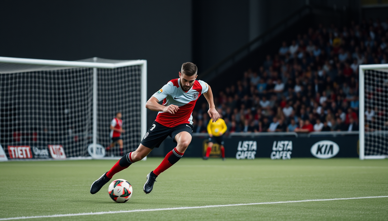Main art studio: Show a man dribbling a footballer and scoring a goal