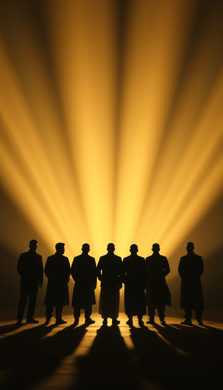 Main art studio: Seven anonymous human silhouettes standing beneath beautiful beams of soft light while the surrounding area remains bright and dramatic. Their identit