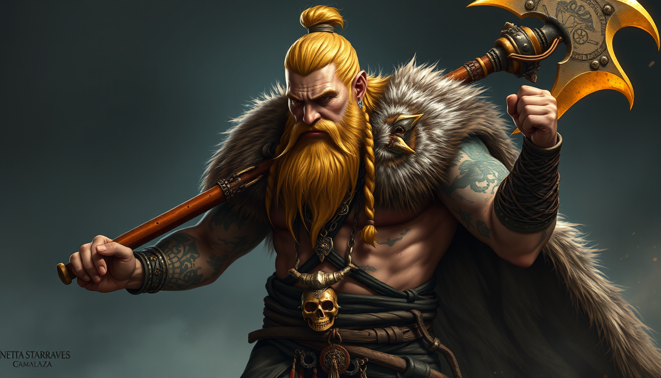 Main art studio: A barbarian warrior, very tall and fit, scarred and with tattooes shining with light and energy; with golden blonde hair tied in a bun and a long bear
