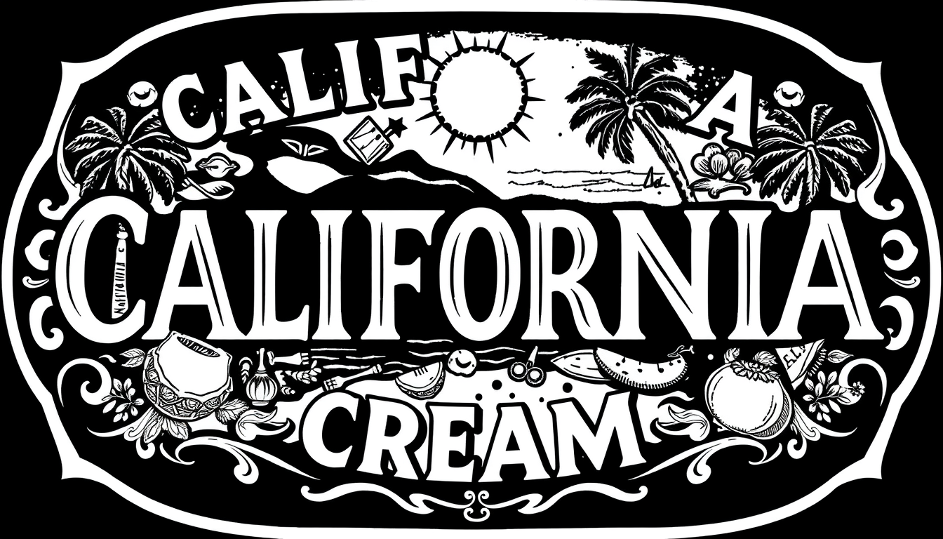Main art studio: a 19. century black and white label. one by one inch. a complex graphic that shows typical california beach and things. name of the product: CALIFORNI