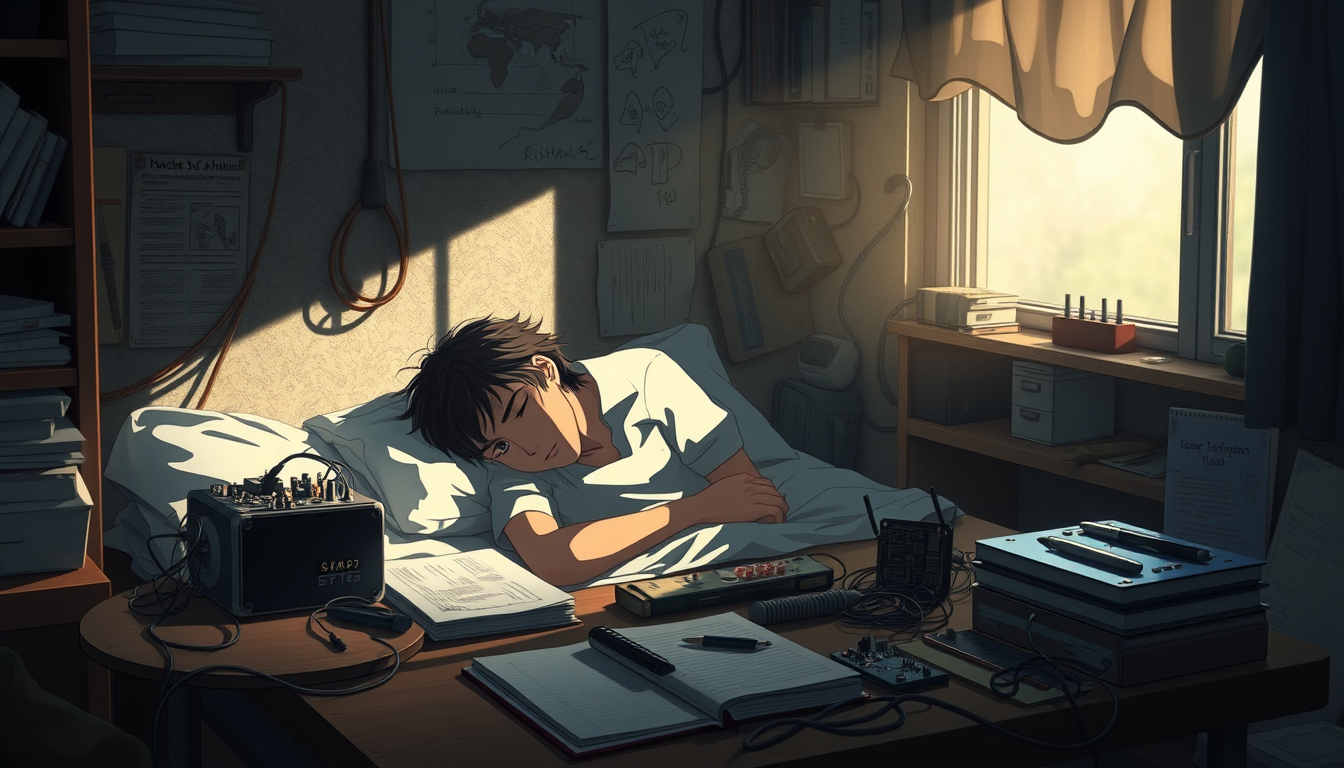 Main art studio: Cinematic realistic anime style, a 17-year-old Indian boy named Rihan sleeping in a small messy bedroom at 7 AM, dark slightly uncombed hair, simple t