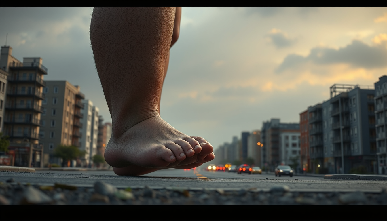 Realistic Images idea: photorealistic generated image, natural materials and skin texture, physically plausible lighting, Photorealistic photo of a giant fat human barefoot