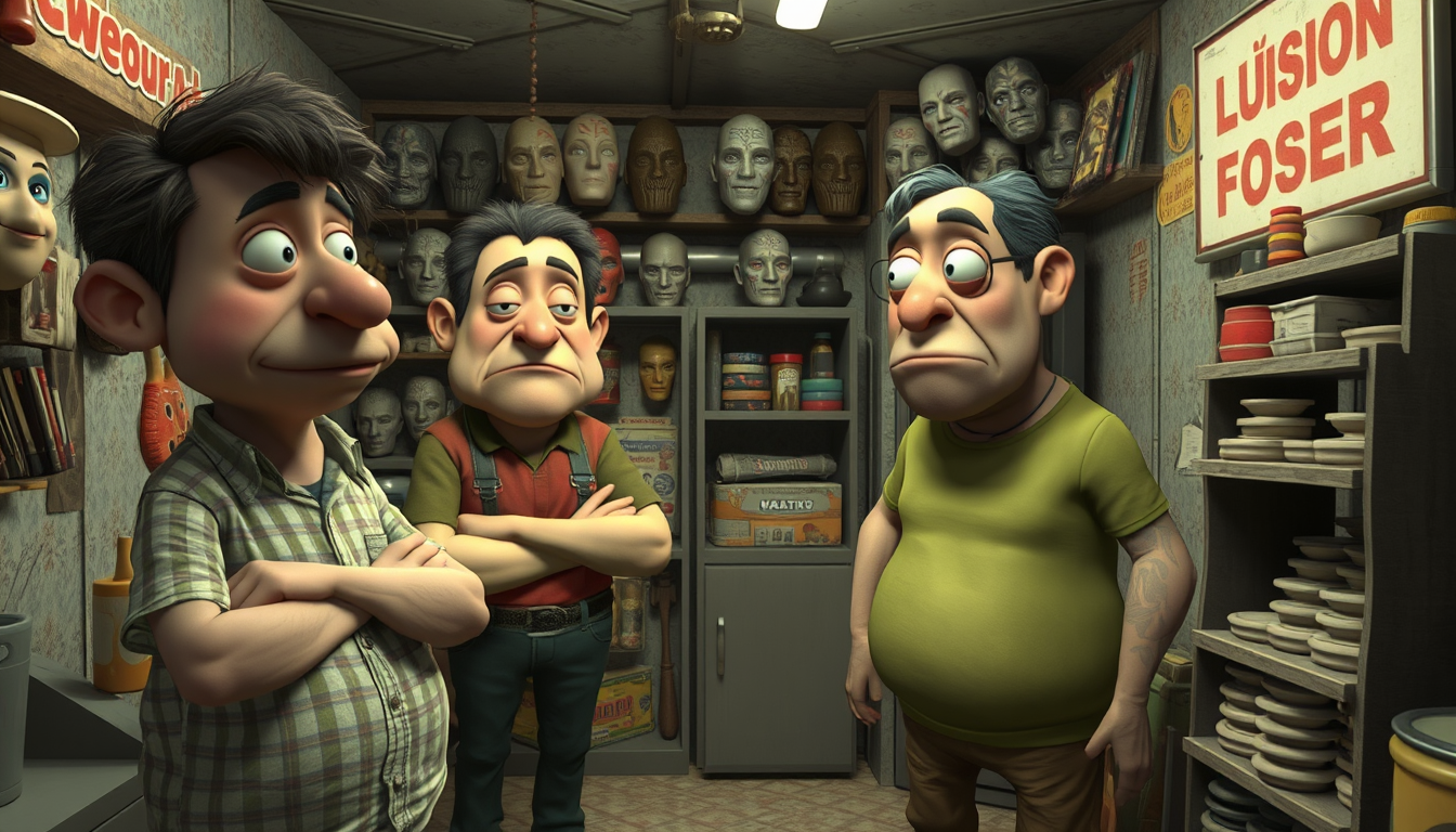 Main art studio: A screenshot from a bizarre, low-budget 3D video game from the early 2000s. Three original, strange-looking adult characters hanging around inside a s