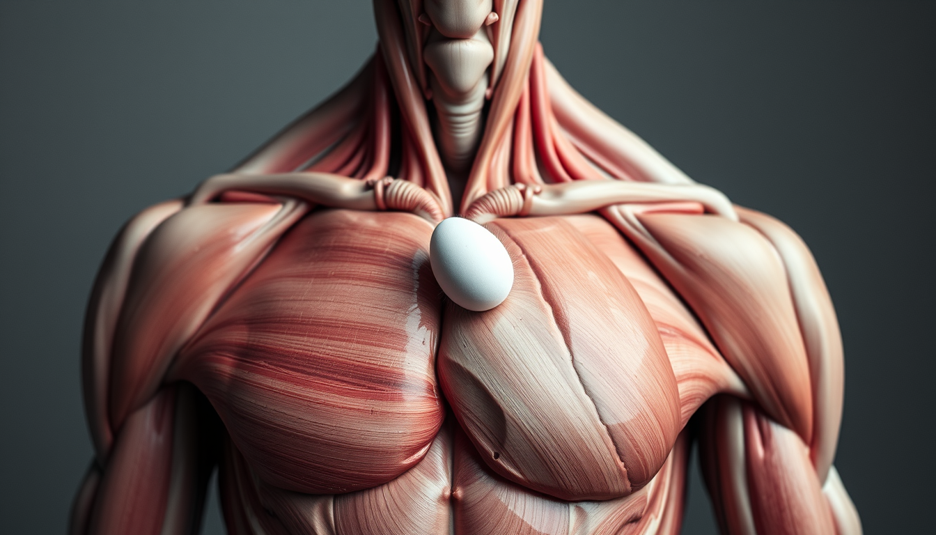 Main art studio: immagine: busto umano uomo semitrasparente in cui si intravedono muscoli, con al posto del cuore un uovo al tegamino.