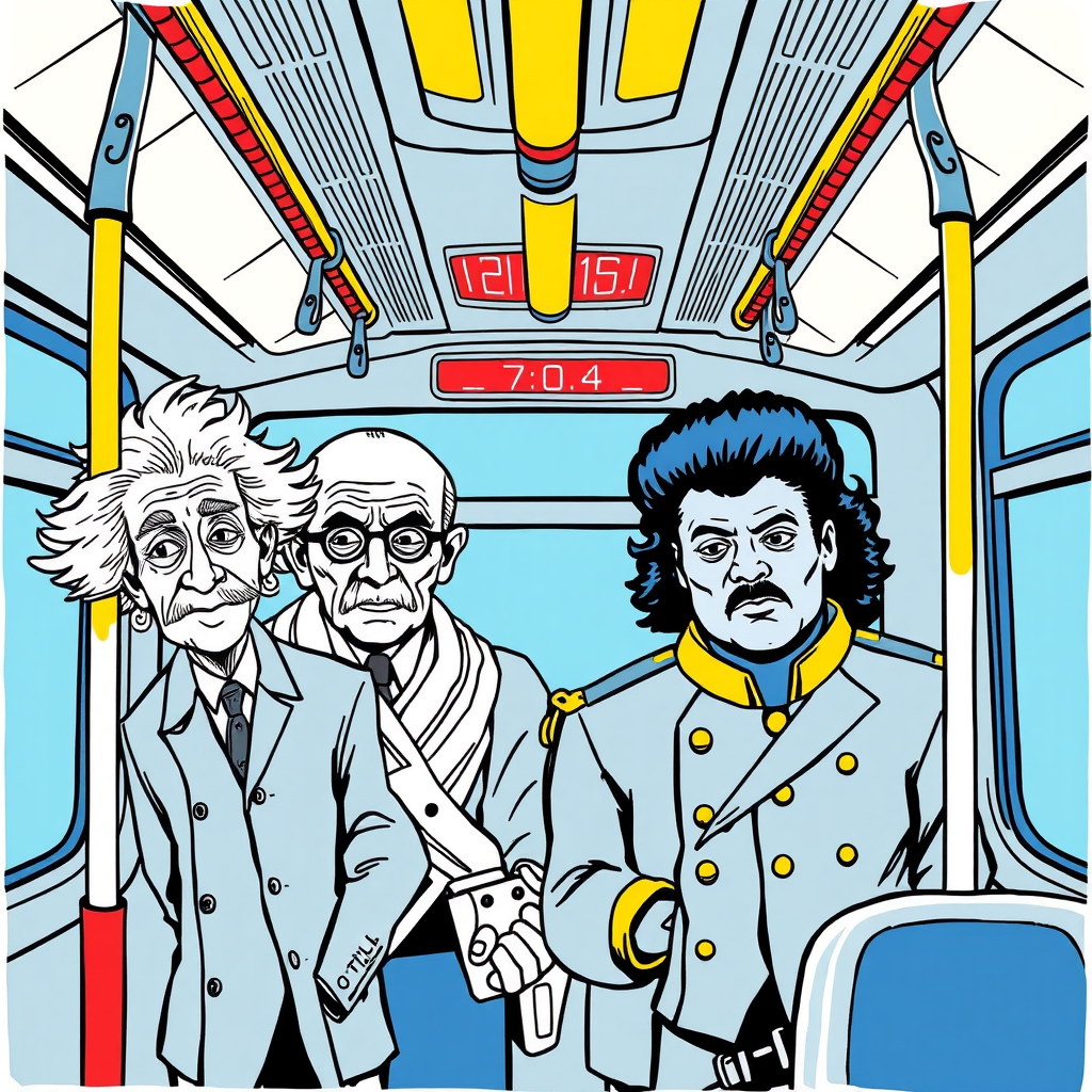 Main art studio: :::writing{variant=“standard” id=“48317”} A stylish city bus interior, Einstein, Gandhi, Hitler and Michael Jackson standing together, each holding an