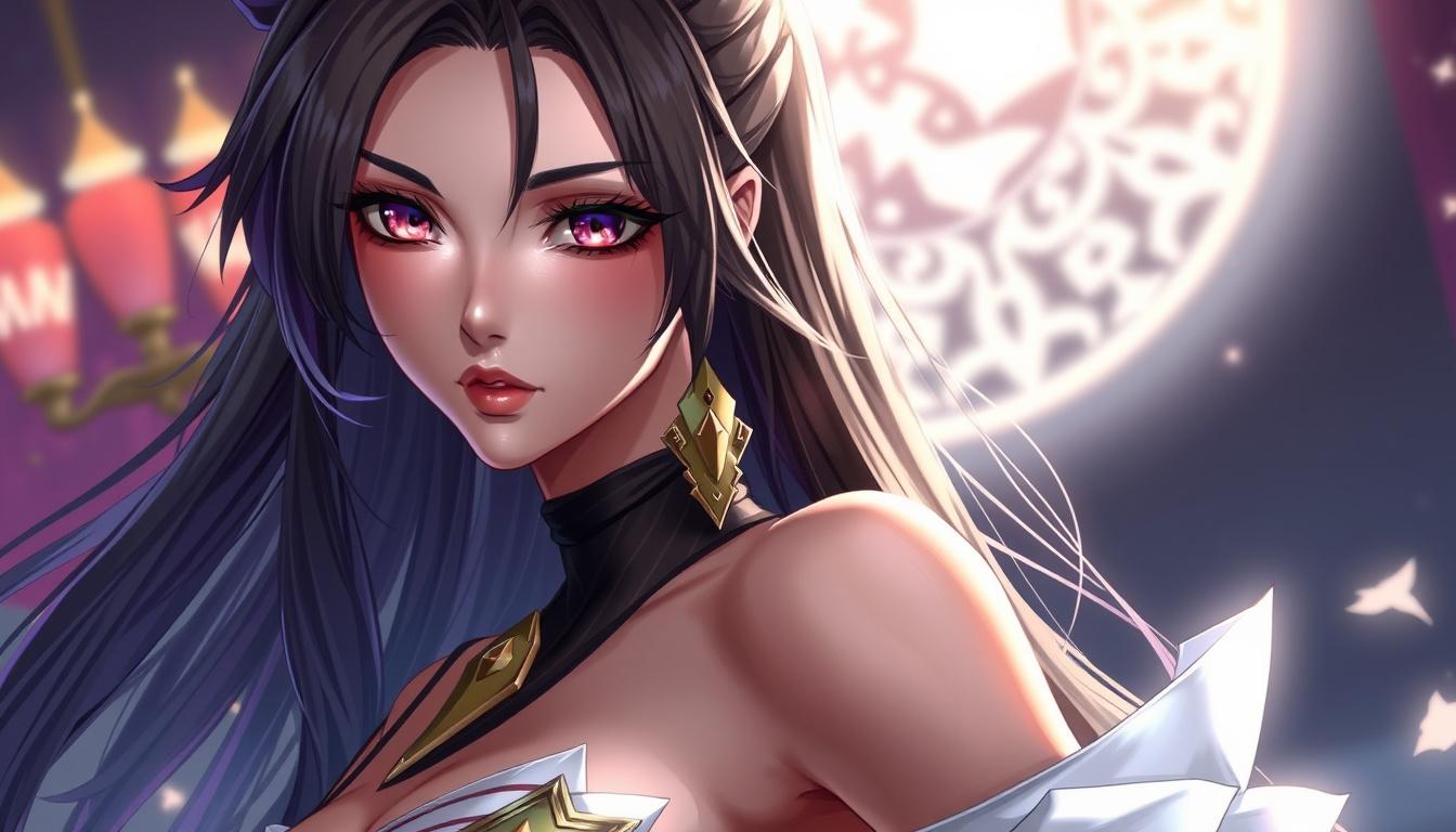 Main art studio: masterpiece, best quality, anime game illustration, beautiful adult woman, mature elegant face, long detailed hair, smooth skin shading, revealing fan