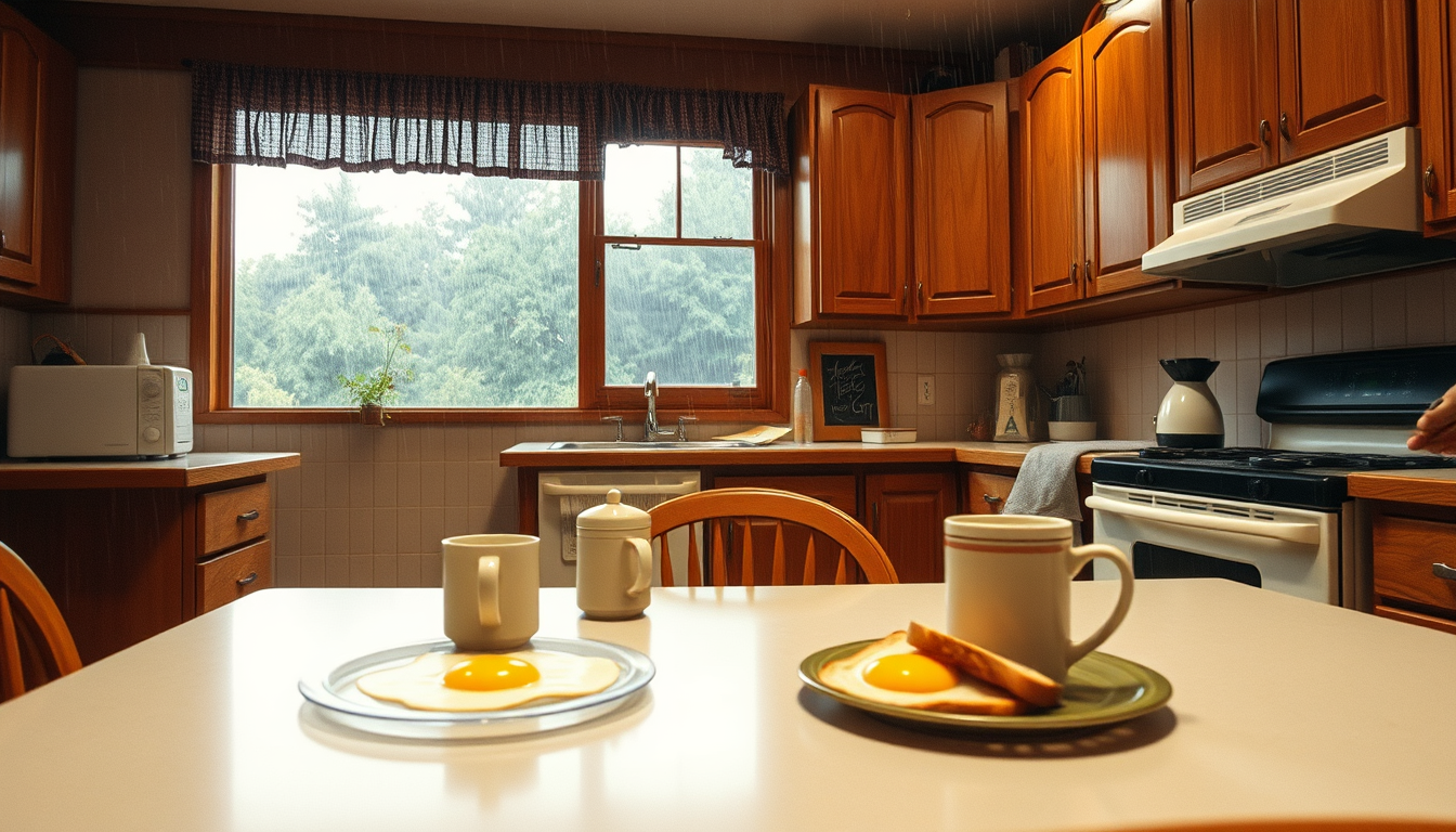 Main art studio: 1990s American kitchen, viewed from a person sitting at the breakfast table. Wide 16:9 composition showing the whole kitchen, table in foreground with