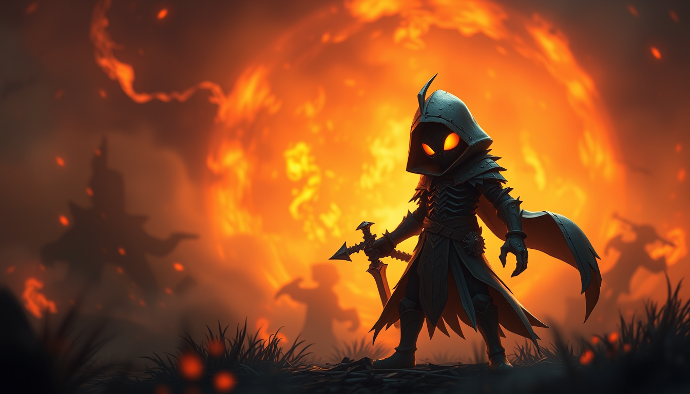 Main art studio: Humano encapuchado tipo hollow Knight 2D 2d 2d con detalles de fuego que no se le vea la cara para un videojuego en dos dimensiones