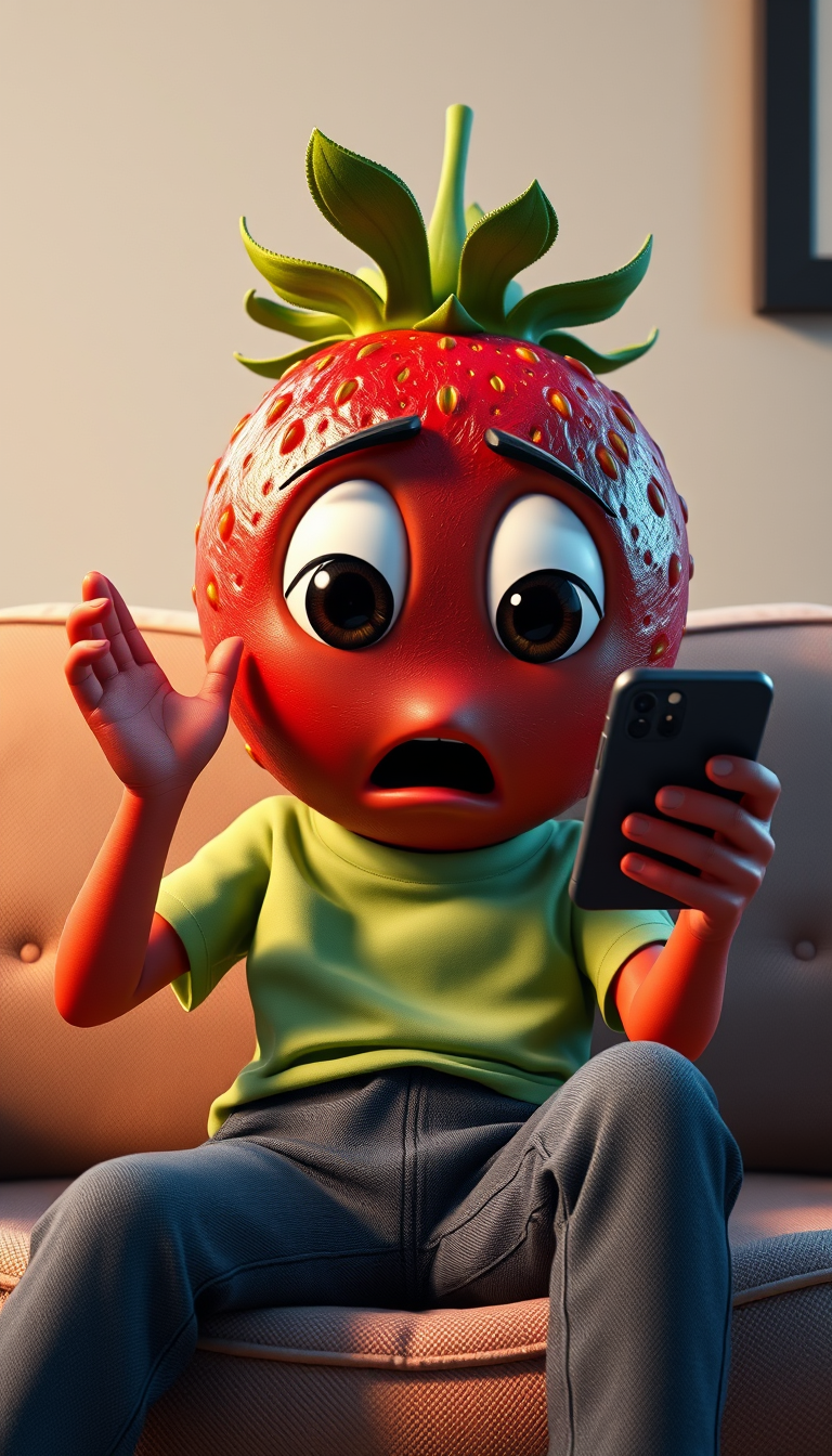 Main art studio: The same anthropomorphic strawberry character, same red strawberry-shaped head, realistic tiny seeds, green leafy crown, huge brown eyes, light green