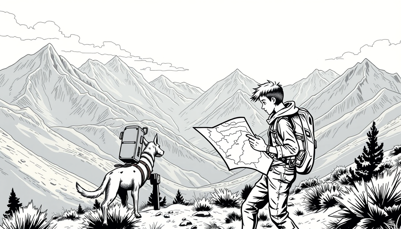 AI Comic idea created from the prompt: comic panel, bold inks, halftone shading, speech-bubble ready composition, Dibuja al mismo joven explorador mirando un mapa mientras camina 