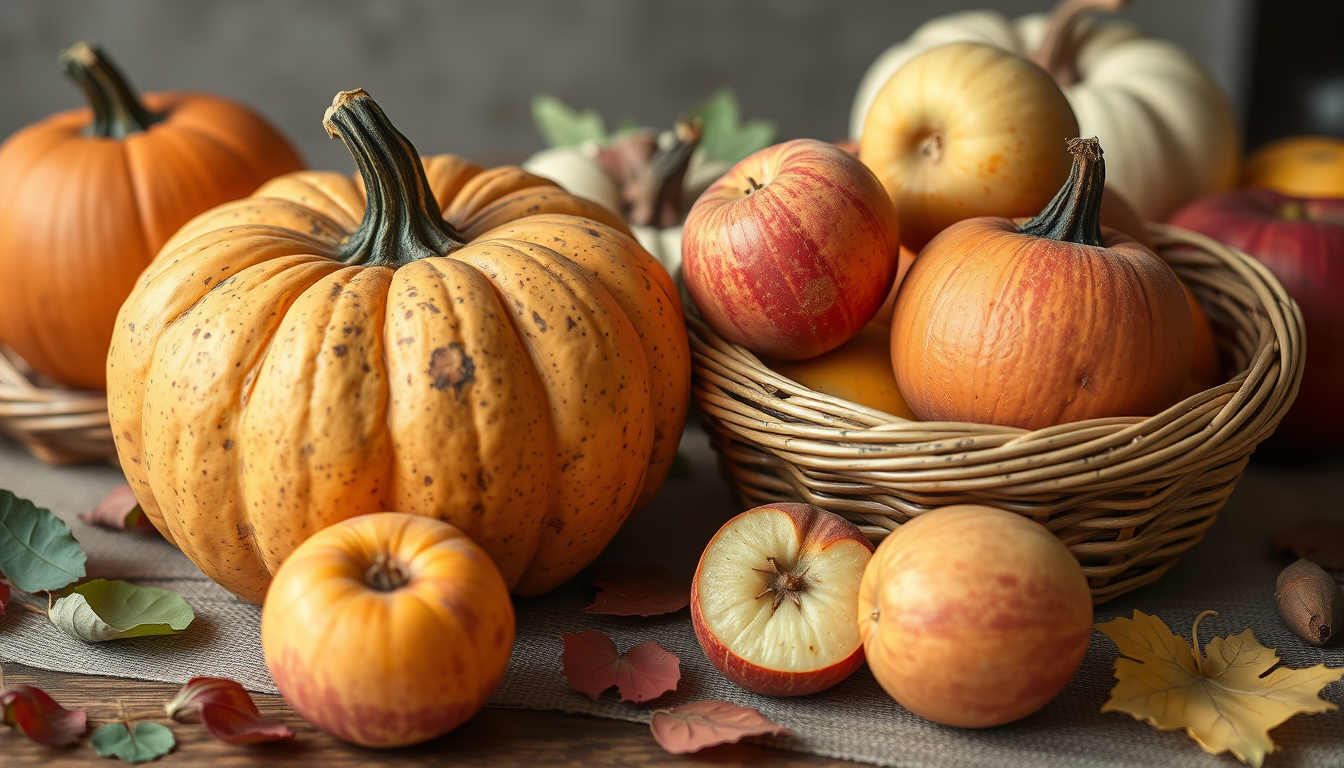 Main art studio: Pumpkin and Quince in a basket on a table with other autumn fruits and add the follwing text lines: Vielen Dank für die Quitten! Dafür gibt's ein Lorz