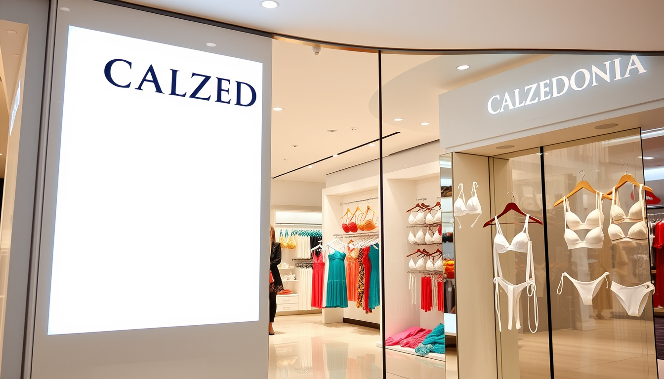 Main art studio: Imagen del escaparate de una tienda de bikinis de Calzedonia en un centro comercial. A la izquierda y dentro del escaparate, un cartel en blanco, bien