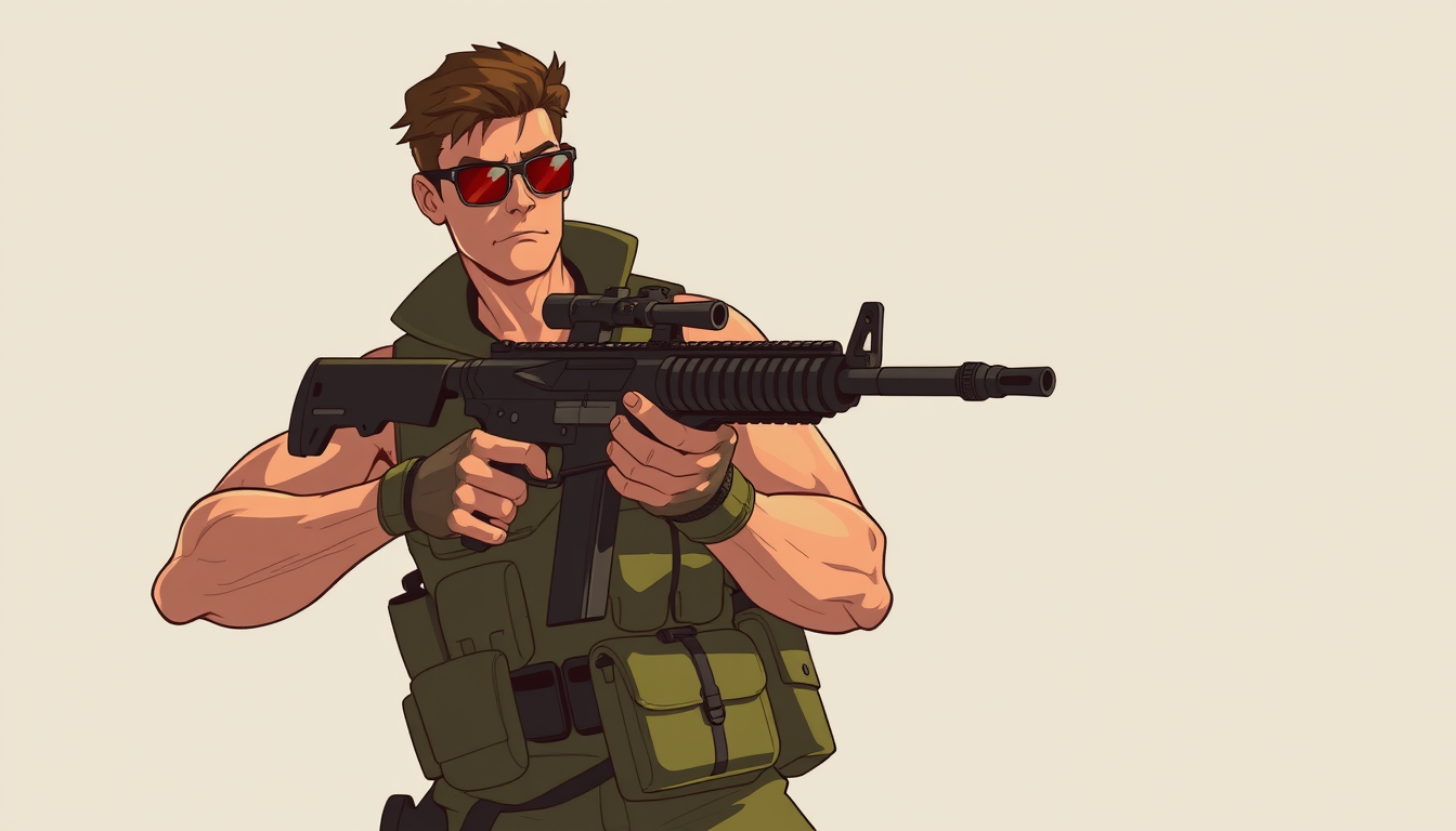 Characters idea: an original character defined by silhouette, role, outfit, palette, and expression, deliberate composition, a fit muscular soldier with a machine gun