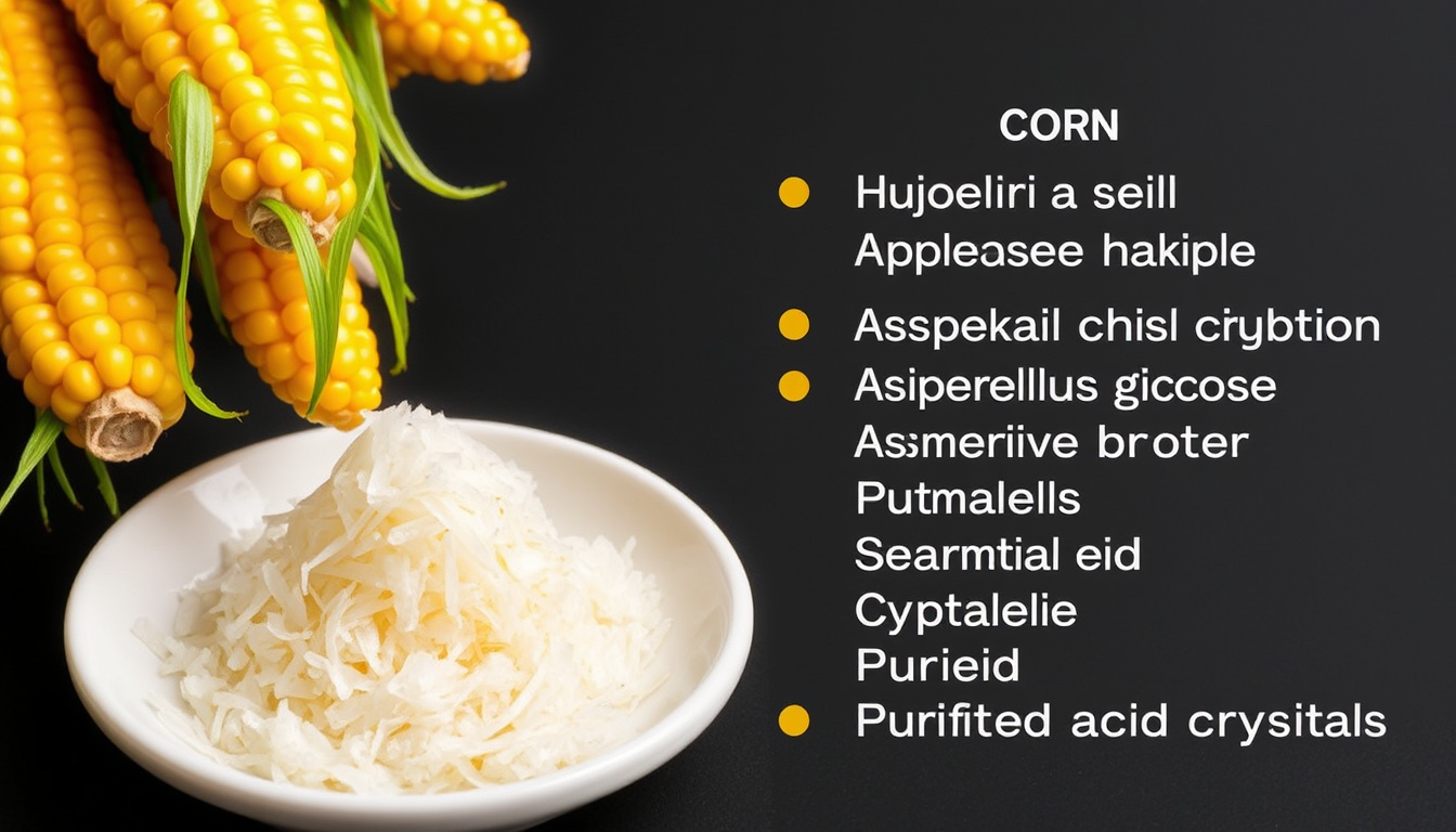 Main art studio: 🌽 CORN ↓ Corn starch ↓ Hydrolysis (starch → glucose) ↓ Glucose solution ↓ 🦠 Aspergillus niger fermentation ↓ Citric acid-containing fermentation bro