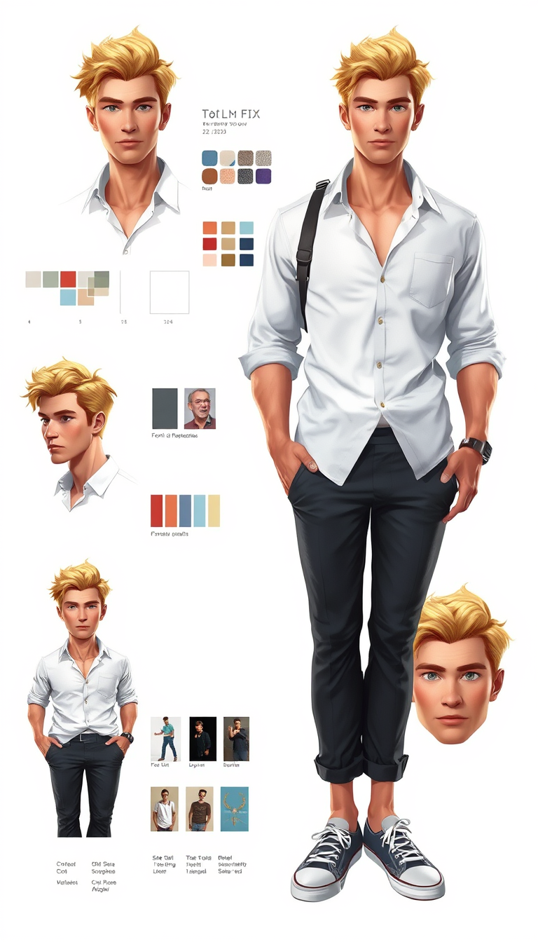 Character Sheet idea: a visual character reference sheet with a dominant full-body view, controlled details, palette swatches, and supporting expressions or accessories, de