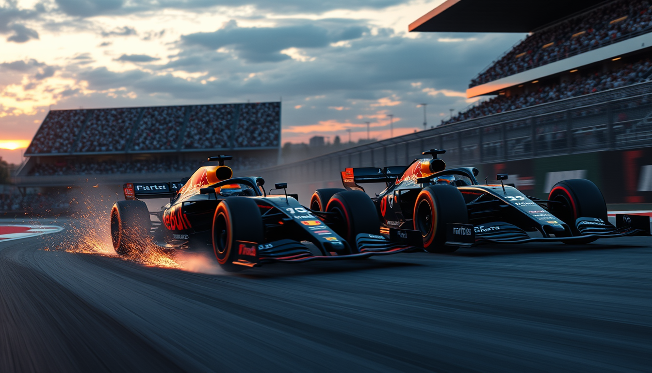 Main art studio: A dramatic Formula 1 race at sunset, featuring a Red Bull Racing car holding a razor-thin lead over a Mercedes Formula 1 car as they charge side-by-si