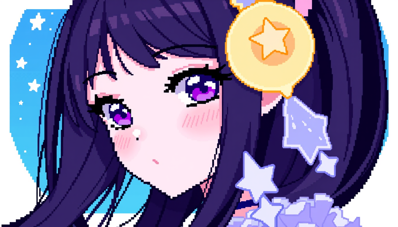 AI Pixel Art idea created from the prompt: pixel art, 32x32 sprite scale, limited palette, retro 16-bit game art, Luna, beautiful anime girl with long dark hair, violet eyes, delicate