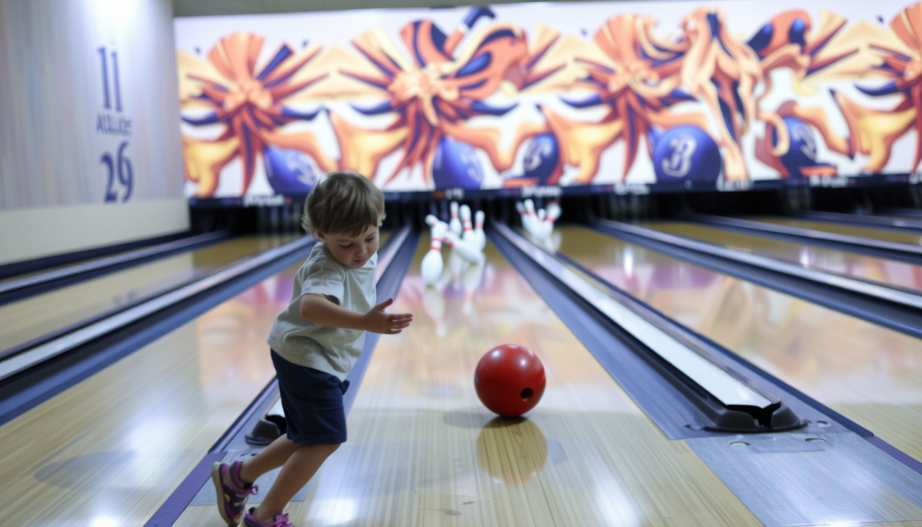 Main art studio: bowling spielen 3 erwachsene und einmal ich 12 jahre und ca 1,50m groß ich bin grad dran und man sieht wie ich grade einen strike hit