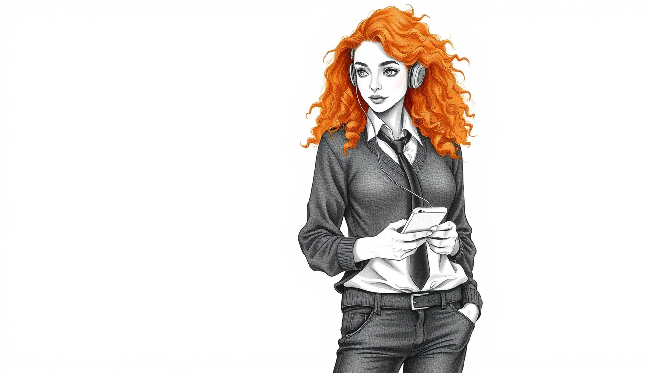 Main art studio: Full body pencil sketch with selective color, detailed graphite drawing. A young woman with voluminous, long curly red hair is standing, facing forwar