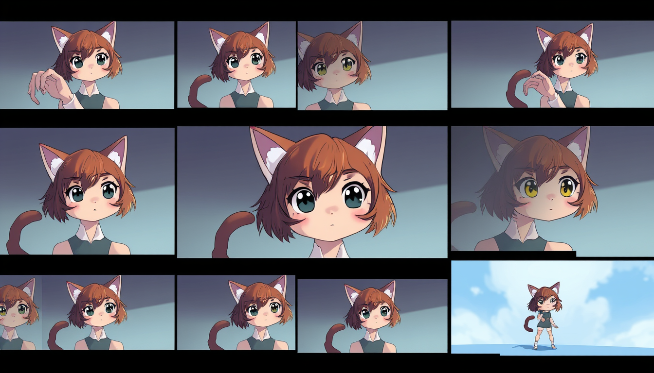 Sprite Sheet idea: a grid of animation frames sharing one character, scale, palette, and camera angle, deliberate composition, Cat girl , polished image, coherent detail