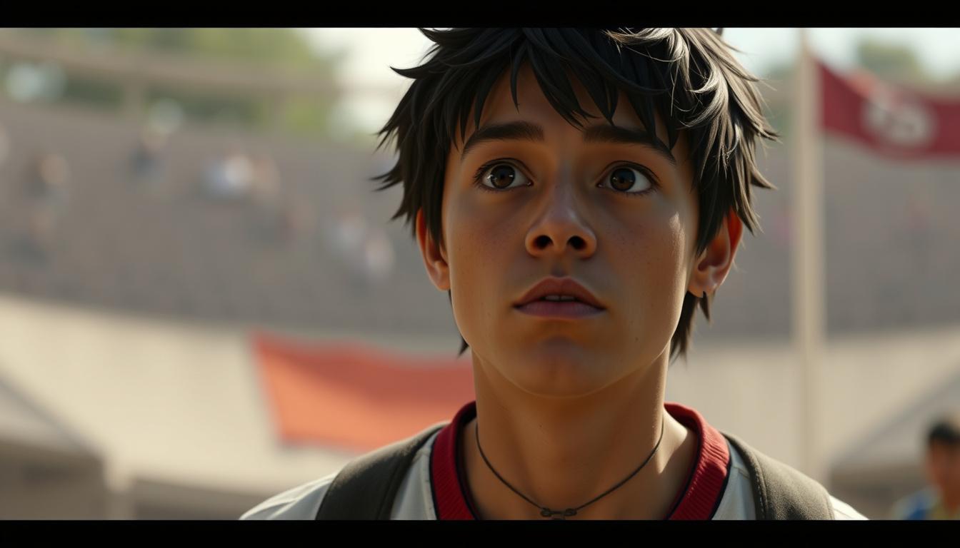 Main art studio: The character gets off the ball and just stands. The camera follows him up to a close-up of his face