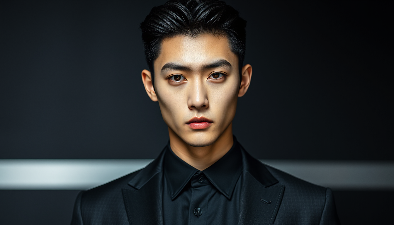 AI Art prompt example created from the prompt: Photorealistic luxury Korean menswear editorial portrait of a fictional 21-year-old Korean man, Park Ji-hoon. Handsome angular face, sharp d