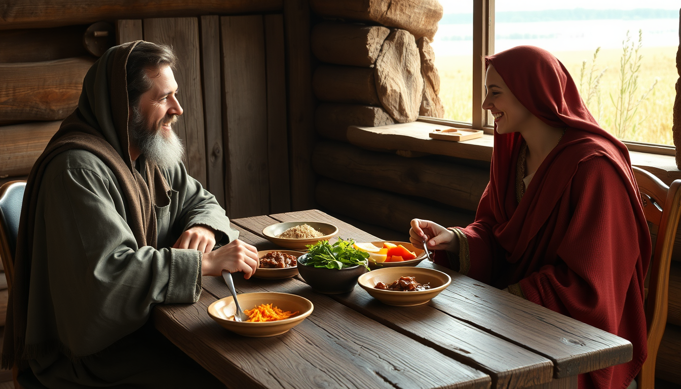 Main art studio: I need one image of Joseph, Mary and teenage Jesus sitting around a Nazareth wood table, they are in Nazarene garb, eating a simple meal, the window i