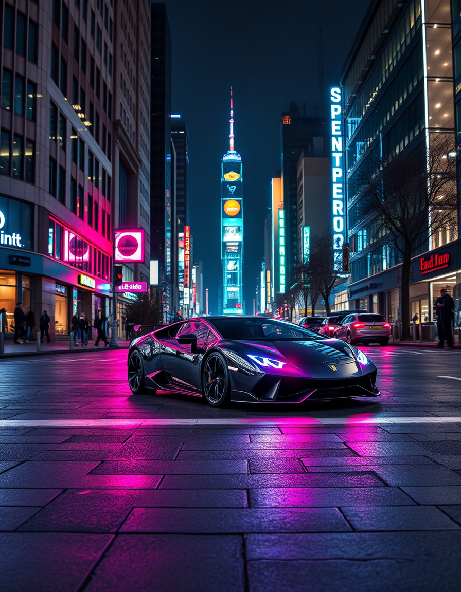 Main art studio: ein cooles bild mit neon effekten und ein schwarzer lamborgihni in einer gross stadt