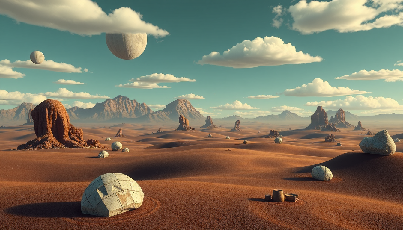 Main art studio: flat surreal landscape with objects