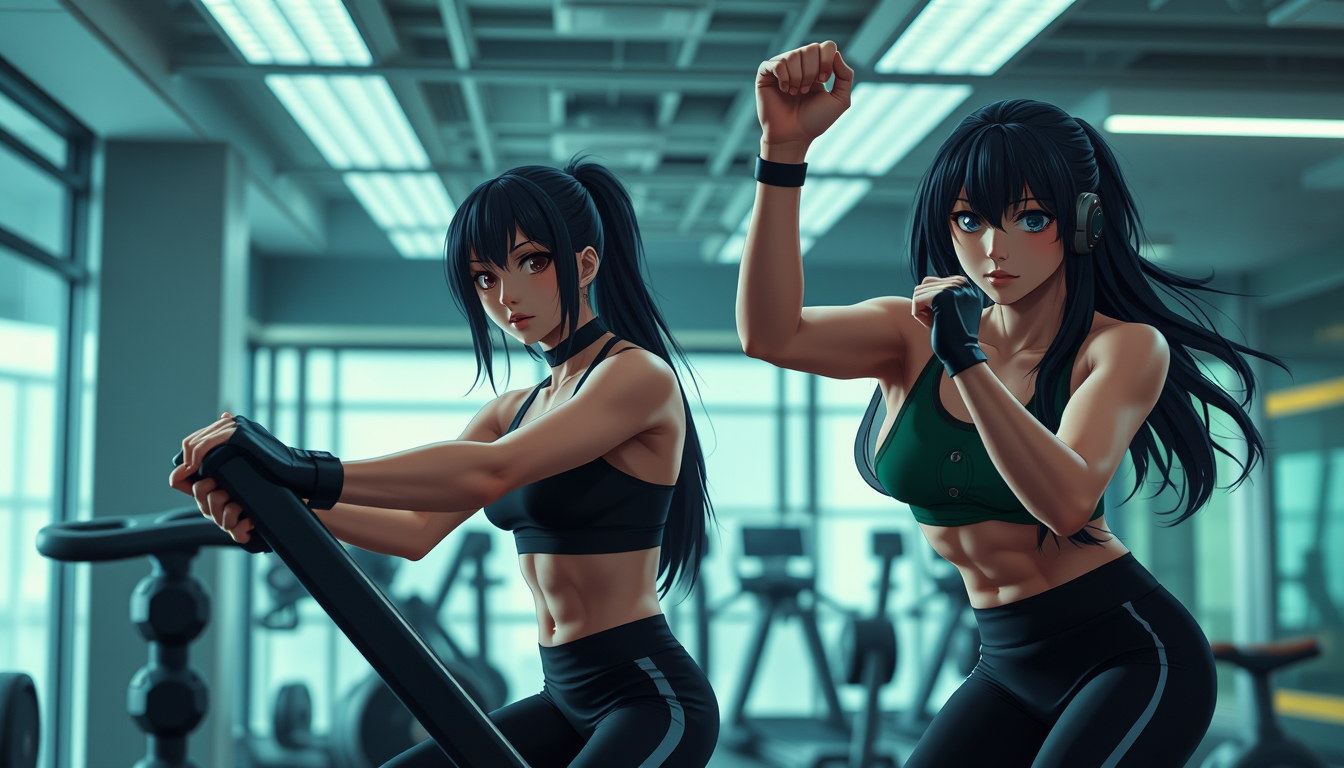 Main art studio: Mikasa Ackerman and Yoruichi Shihōin as glamorous adult fitness influencers during an intense workout in a realistic modern commercial gym. Demon Slay