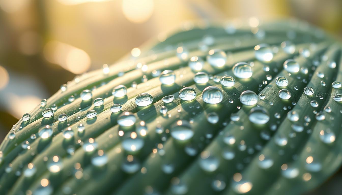 Main art studio: Extreme close-up of a large, ribbed hosta leaf covered in translucent, spherical dew drops. Soft, hazy morning light filters through the background, c