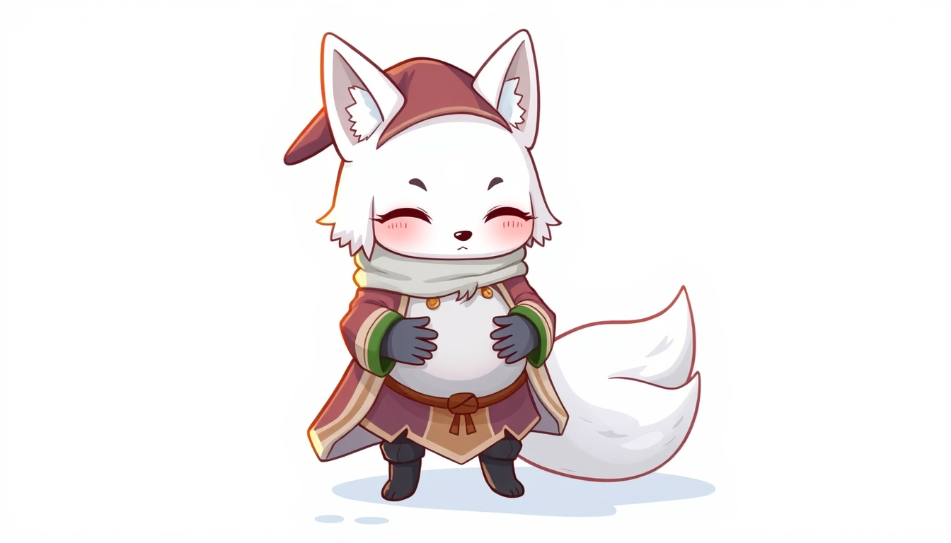 Main art studio: chibi very gravid, heavily pregnant snowy fox mage with her hands on her belly, wearing an ice mage's attire excluding a hat, clean lineart, diagonal-