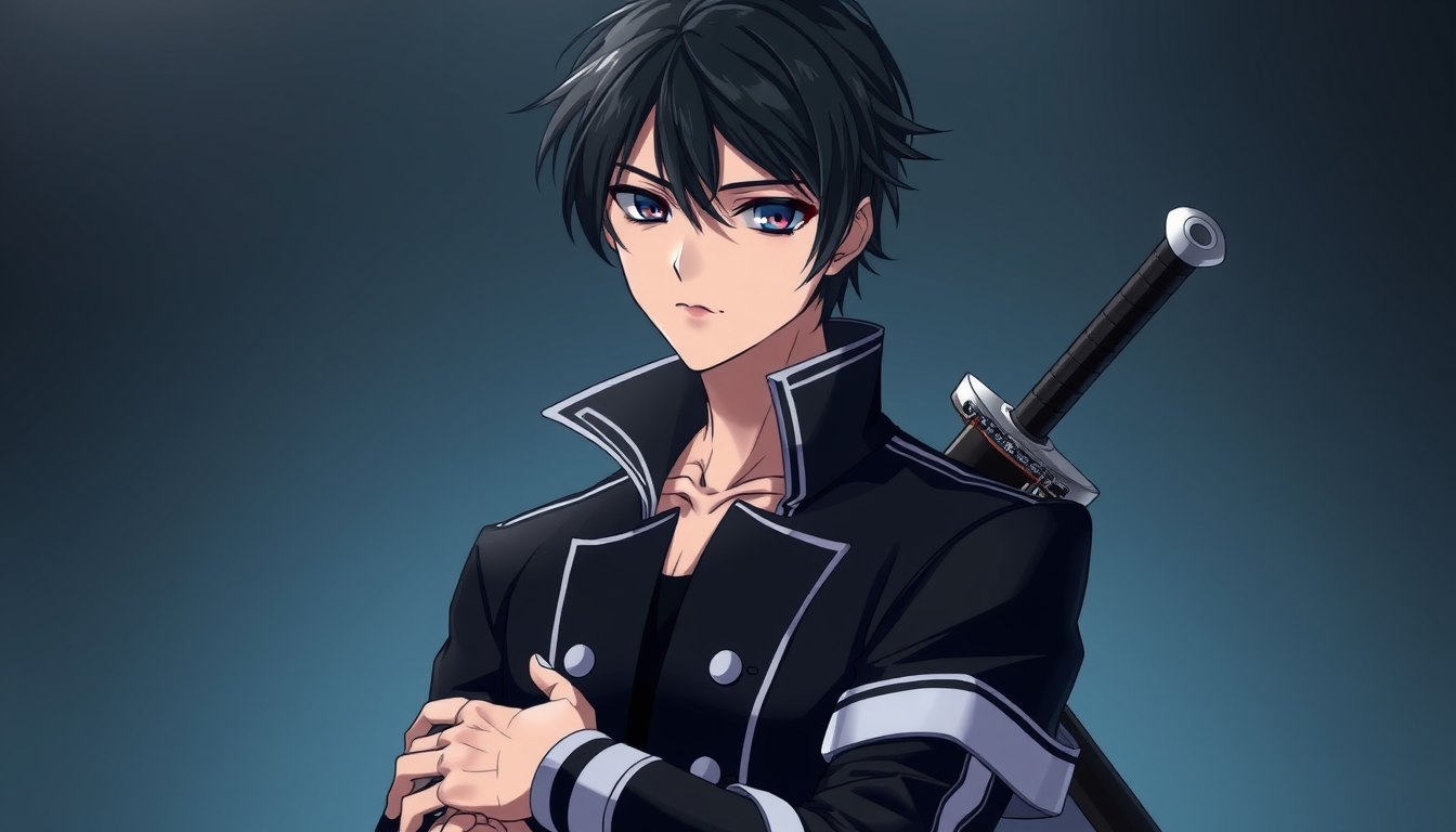 Main art studio: Anime male character, young adult appearance, mysterious calm expression, mature facial features, average height, sharp black eyes, short black irides