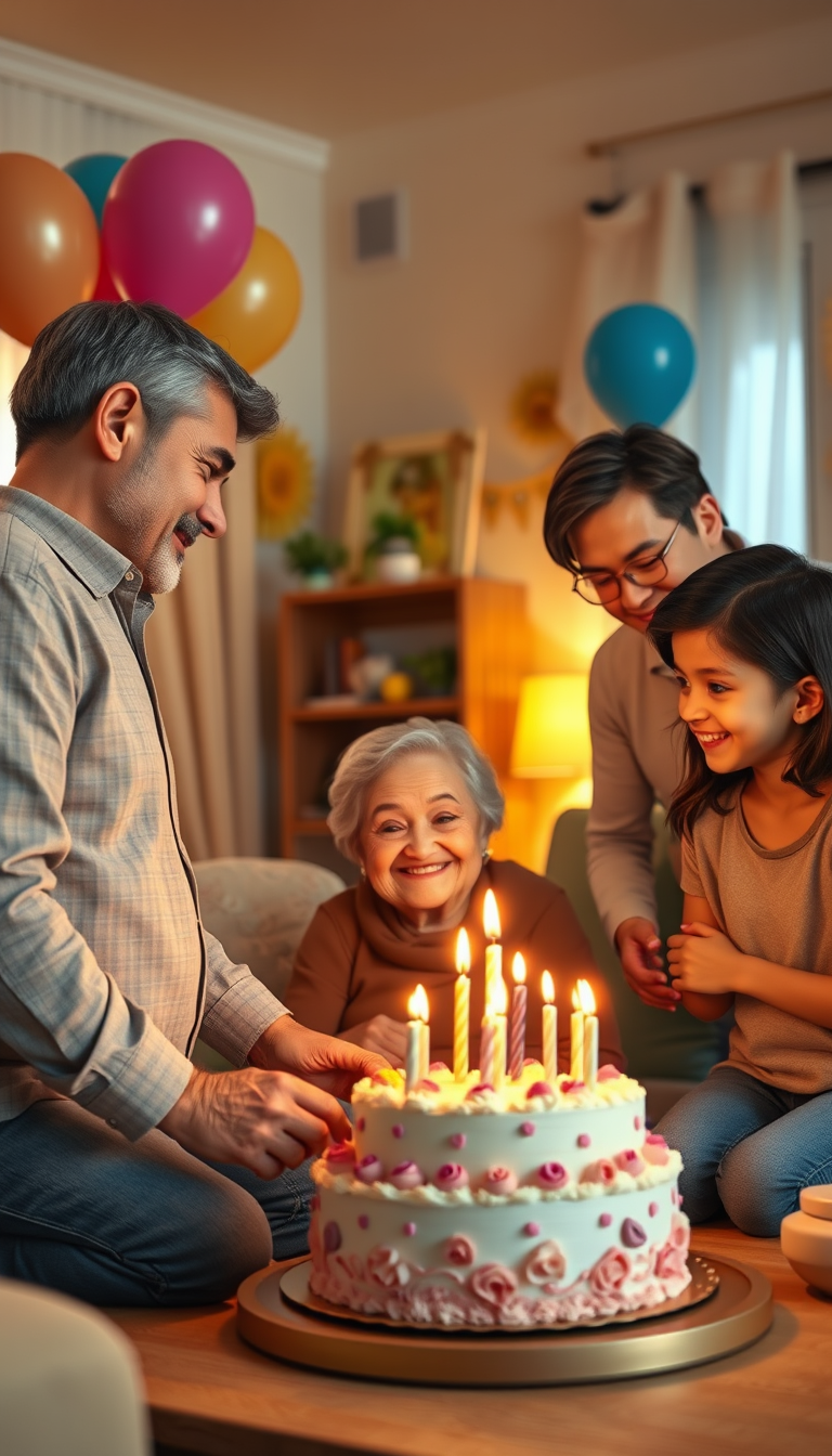 Main art studio: loving American family secretly preparing a birthday surprise for their elderly grandmother, adults decorating a cozy living room with colorful balloo