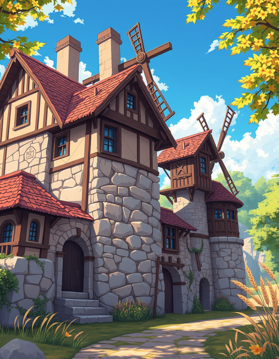 Anime idea: anime style, vibrant colors, expressive eyes, create a medieval wheat mill building with simple Toon cel-shaded artstyle , detailed anime illustration