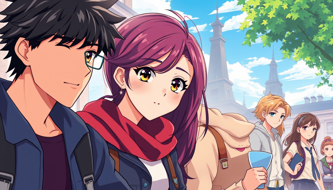 Anime idea created from the prompt: anime style, vibrant colors, expressive eyes, “Crea una escena de anime estilo superhéroes, con una estudiante y su novio rubio, junto a sus