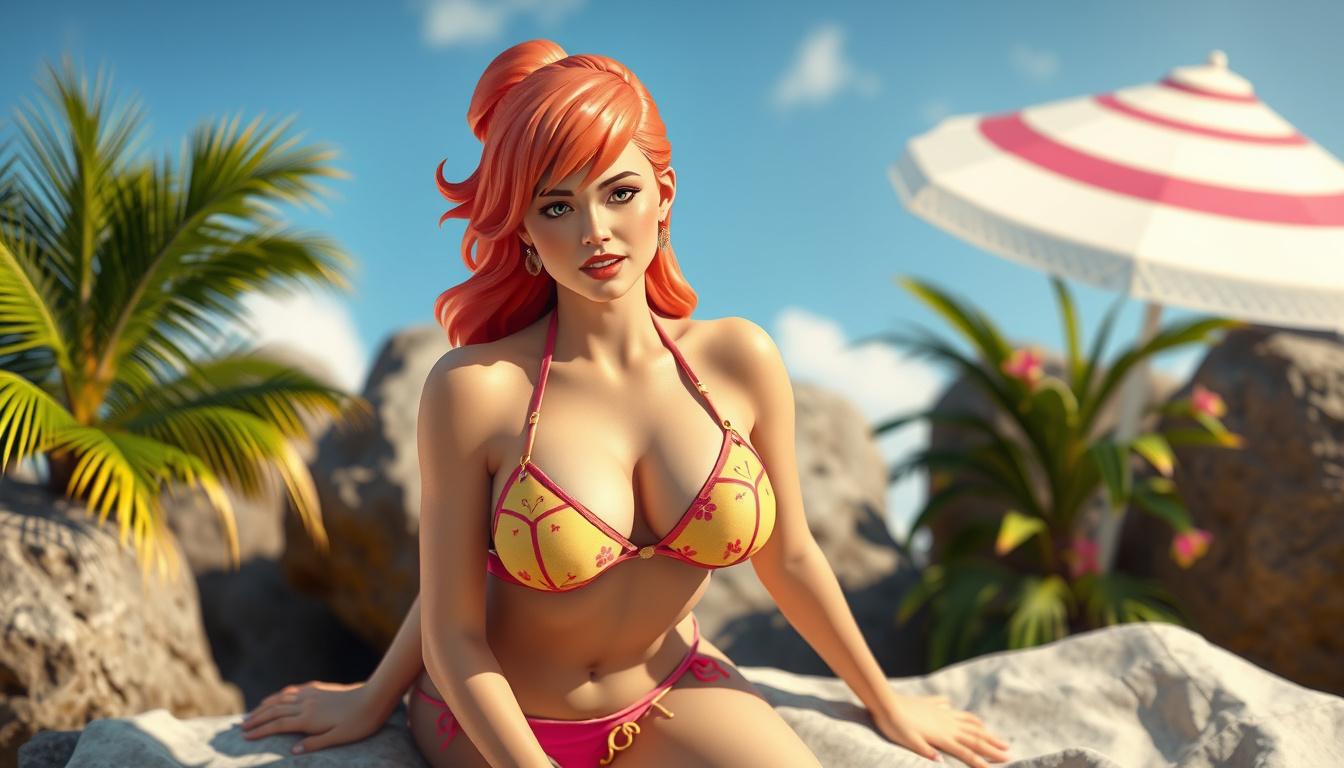 Main art studio: Bitte generiere ein Bild von Peach wie sie mit Bikini im echten Leben aussehen würde als Mensch in RL