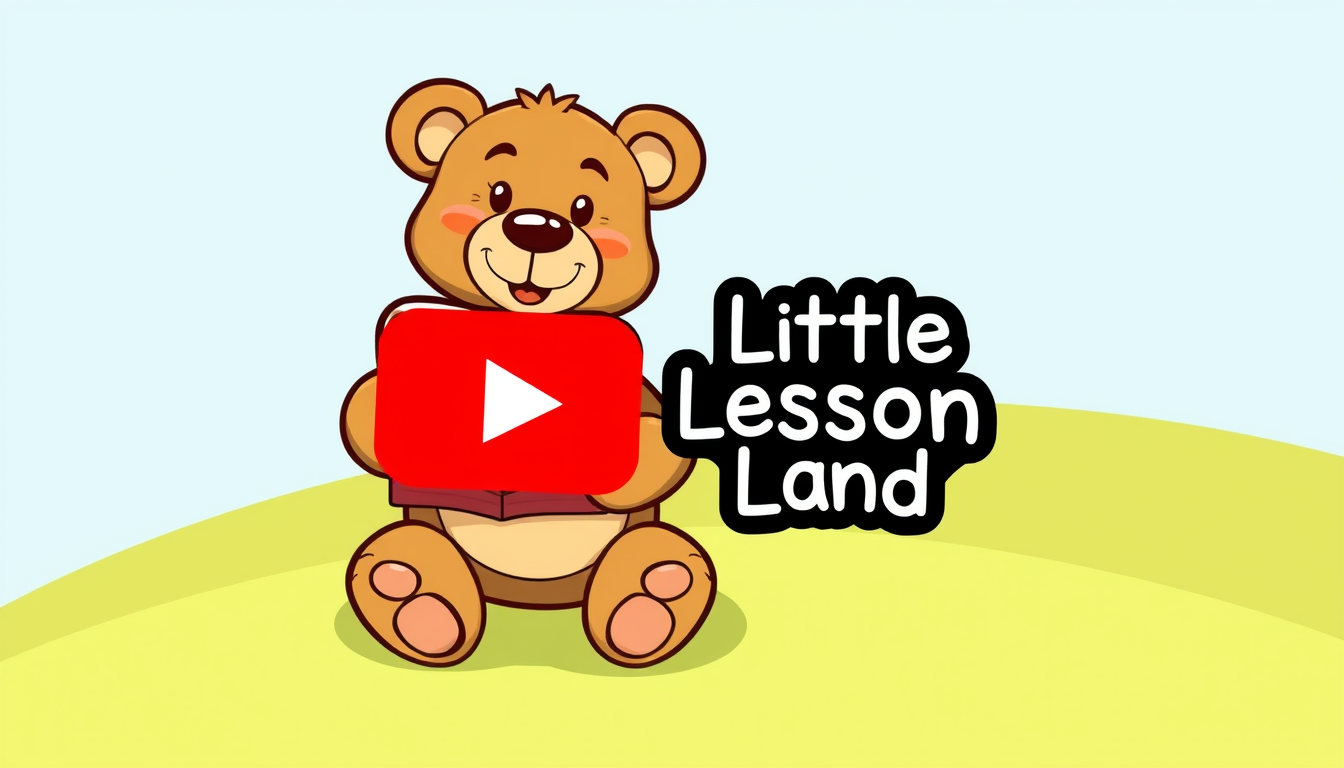 Main art studio: Square YouTube logo. Cute teddy bear holding a book. On the book, write exactly: “Little Lesson Land”. Big clear letters, colorful kids cartoon style,