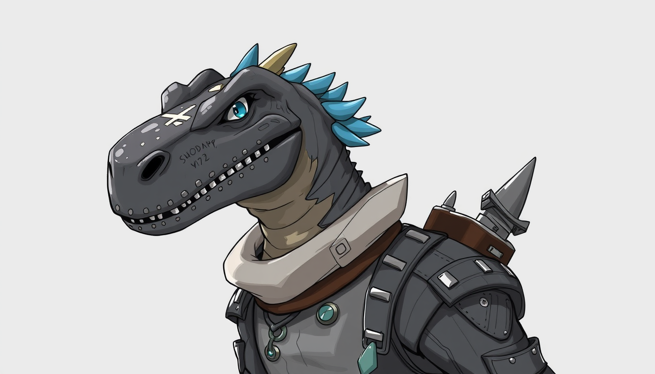 Characters idea: original character design, detailed outfit and accessories, expressive personality, dino grau und blau klein , character concept art illustration