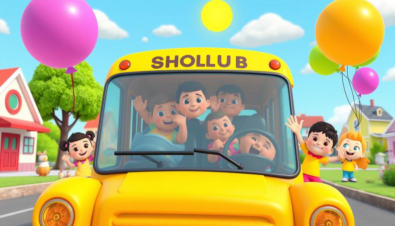 Main art studio: Create a colorful 3D animated nursery rhyme video for toddlers featuring a friendly school bus traveling through a cheerful town. Each verse highlight