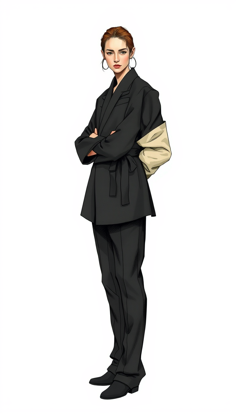 AI Fashion Model idea created from the prompt: fictional fashion editorial, coherent garment silhouette and fabric behavior, intentional styling, Front-view full-body fashion illustration