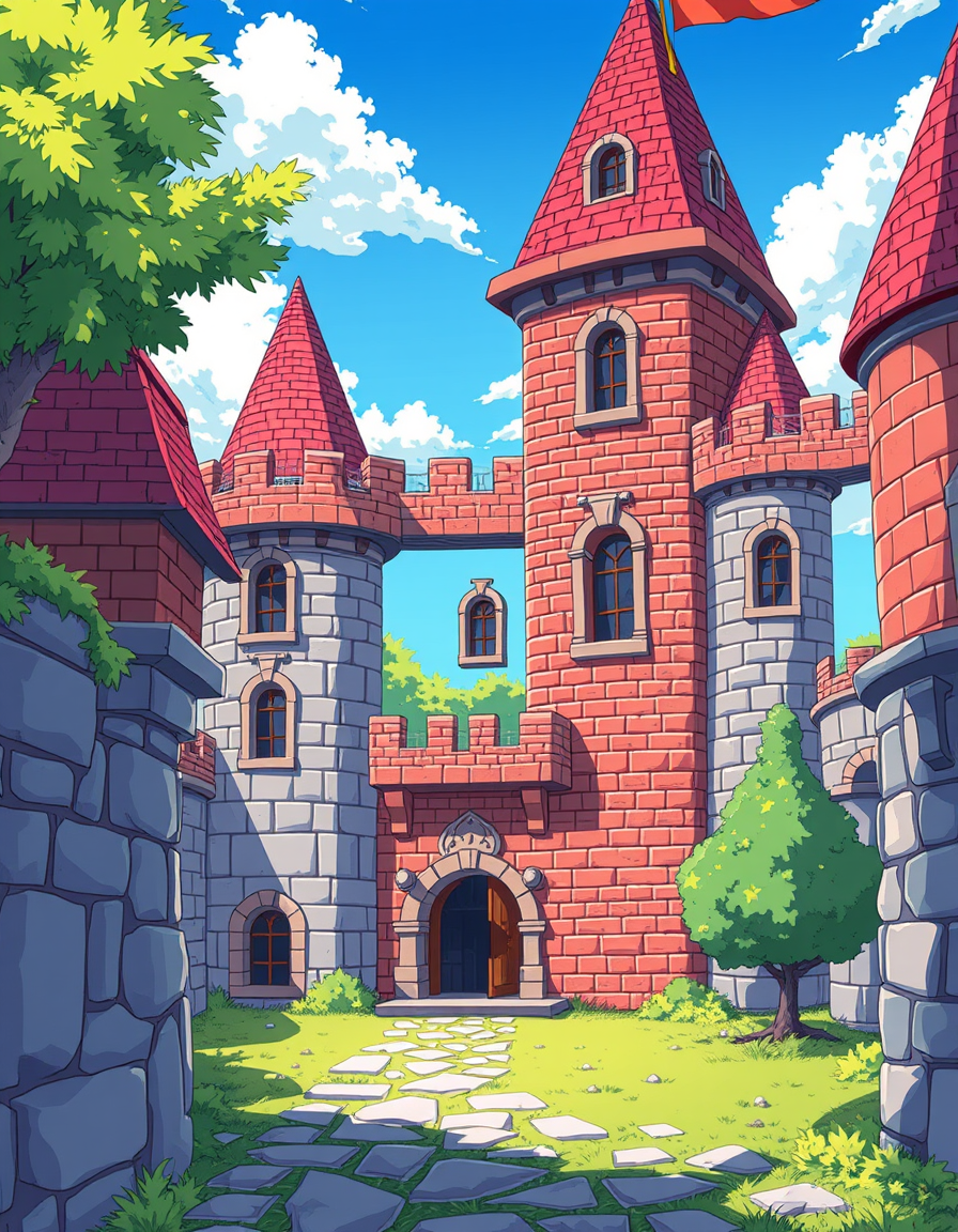 Anime idea: anime style, vibrant colors, expressive eyes, create an brick castle building with simple Toon cel-shaded artstyle , detailed anime illustration