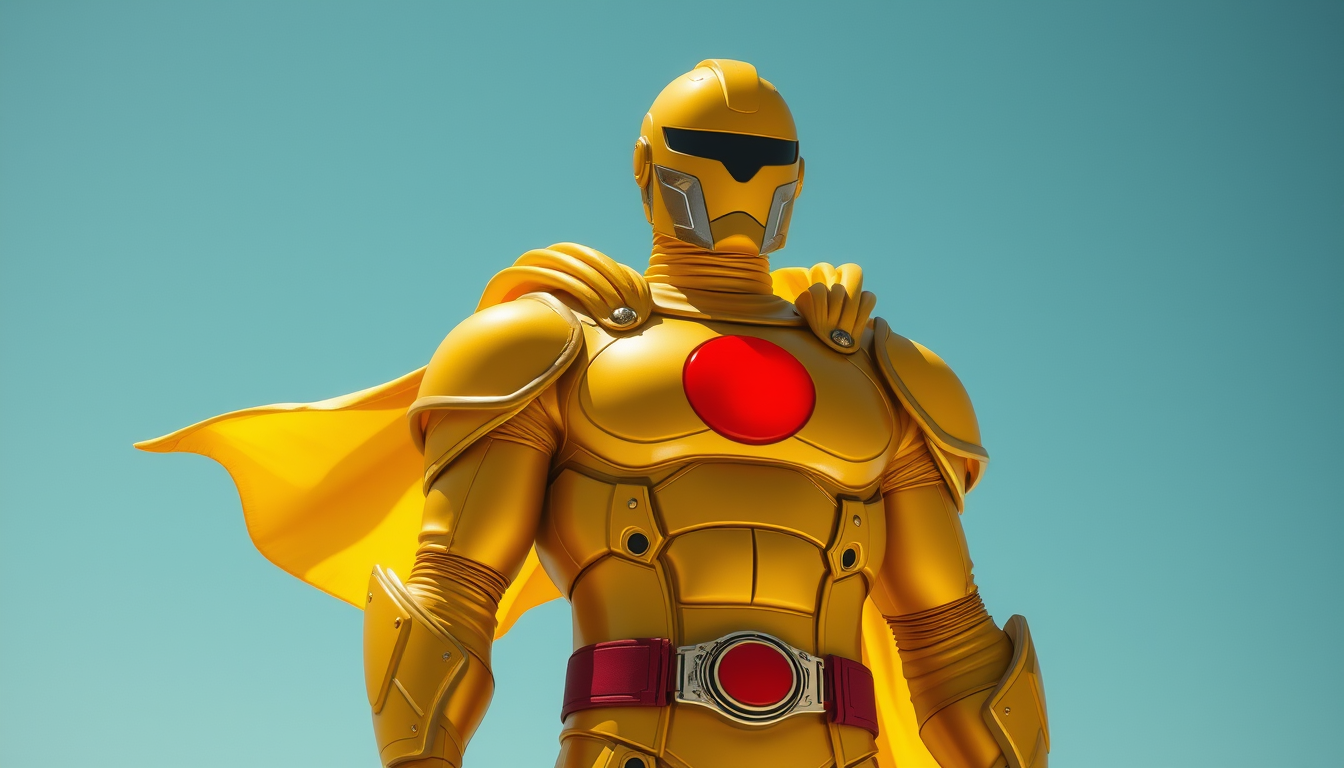 Main art studio: un super héros dans une armure géante jaune avec un vrai soleil rouge sur le torse sans cape, un casque intégrale et une tête de gentil