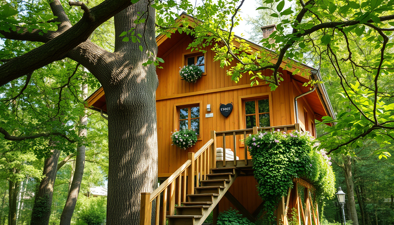 Main art studio: erstelle mir ein bild von einem baumhaus im jungel eine treppe führt zu dem baumhaus hoch. an den wänden des baumhauses sind fenster mit hell grünen v