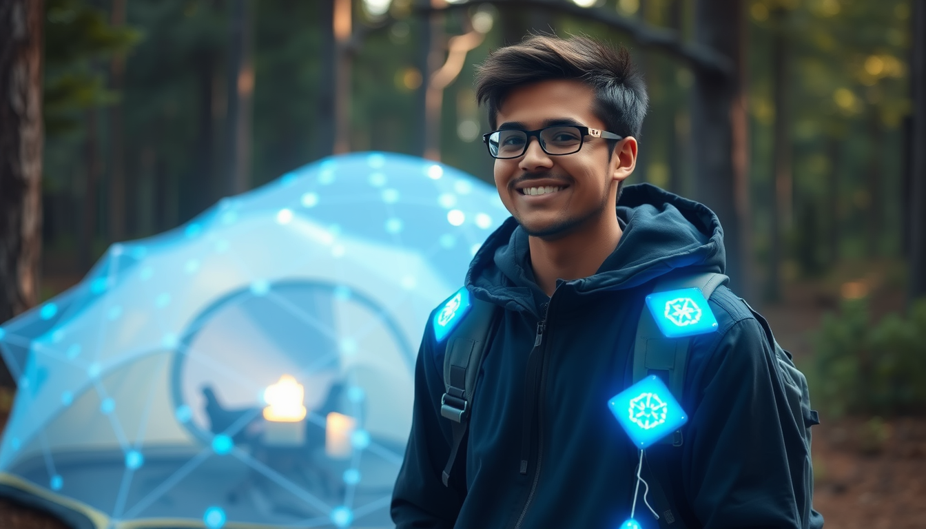 Main art studio: A student at a campsite surrounded by a shimmering, blue hexagonal forcefield (reminiscent of video game shields) . Headline: Aeroguard Tropical Stren