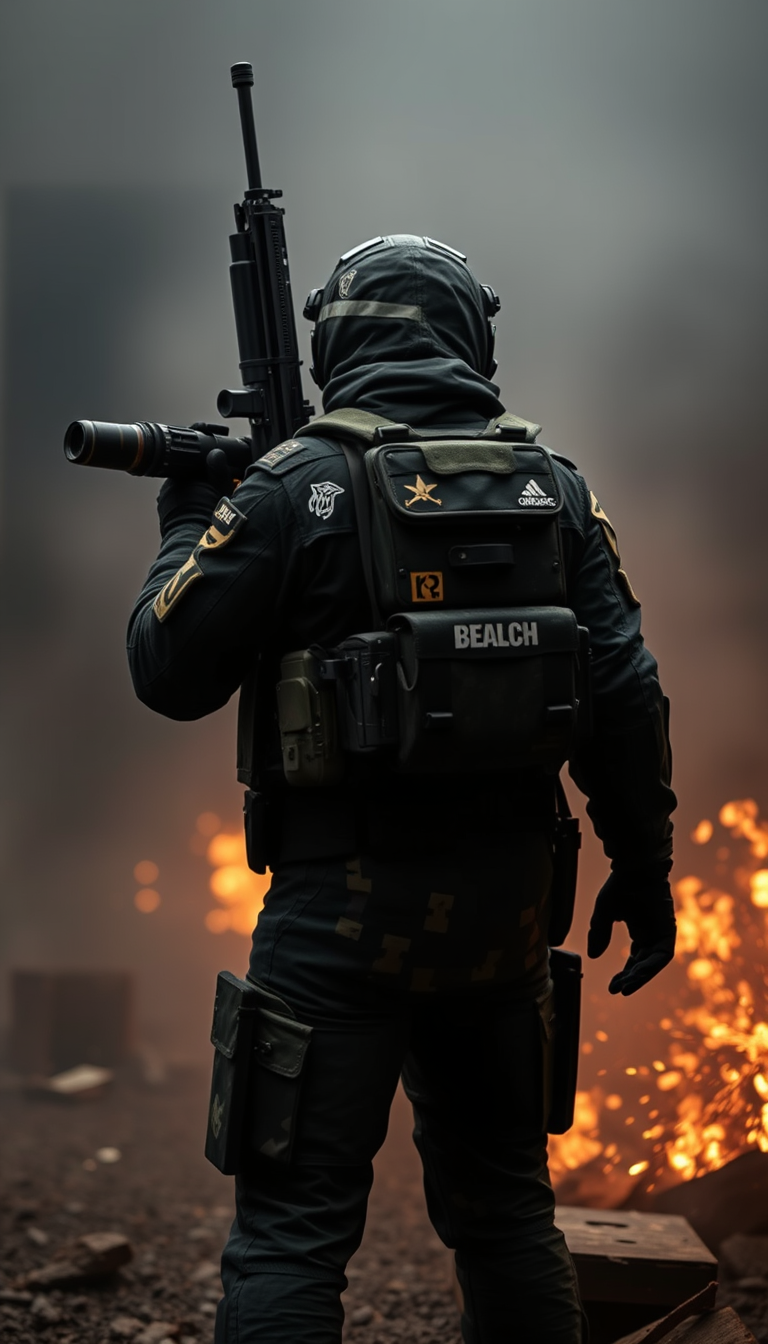 Main art studio: give me a male operator called breach with a massive drill on his back armoed with sige vibes show full body