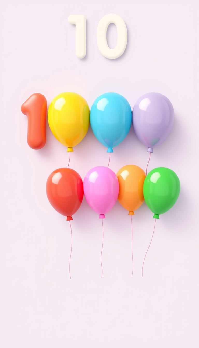 AI Art prompt example created from the prompt: Create a cute preschool educational illustration showing TEN colorful balloons. Arrange the ten balloons in two neat rows of five, with clea